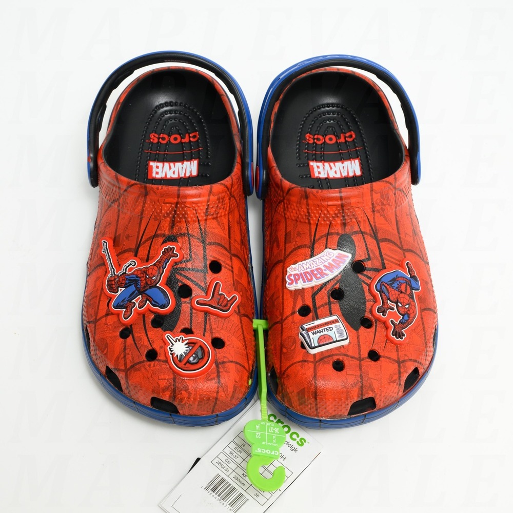 Crocs Marvel Spider-Man Classic Clog Kids Sz J4 Spiderweb NWT Jibbitz 211409-90H
